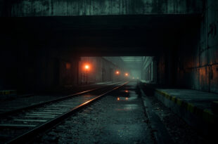 Empty railway tracks beneath concrete pedestrian bridge with emergency lights and investigation equipment scattered nearby