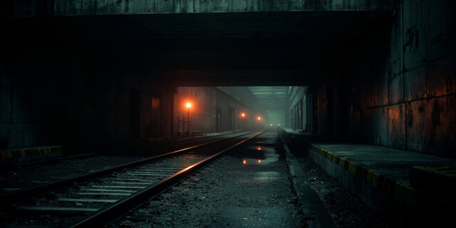Empty railway tracks beneath concrete pedestrian bridge with emergency lights and investigation equipment scattered nearby
