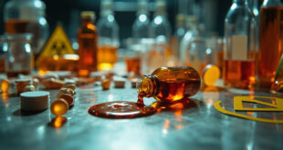 Overturned amber medicine bottle with liquid spilling on white laboratory surface surrounded by testing equipment and warning markers