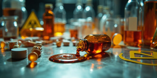 Overturned amber medicine bottle with liquid spilling on white laboratory surface surrounded by testing equipment and warning markers