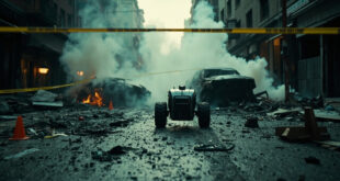 Police tape surrounds a backpack near burned vehicles covered in fire suppression foam on empty street
