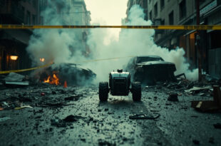 Police tape surrounds a backpack near burned vehicles covered in fire suppression foam on empty street