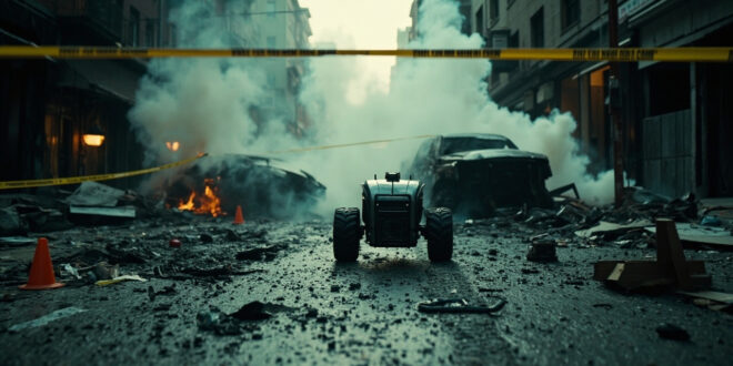 Police tape surrounds a backpack near burned vehicles covered in fire suppression foam on empty street