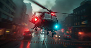 Police helicopter flies over cordoned Munich street with emergency vehicles and barriers below
