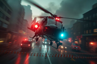 Police helicopter flies over cordoned Munich street with emergency vehicles and barriers below