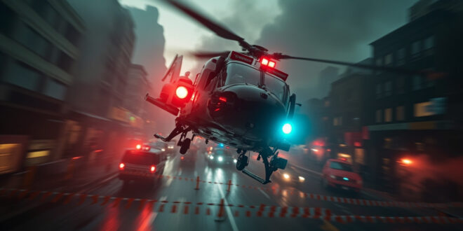 Police helicopter flies over cordoned Munich street with emergency vehicles and barriers below