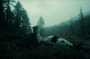 Small plane wreckage scattered among dense pine forest in mountainous wilderness terrain under gray overcast sky
