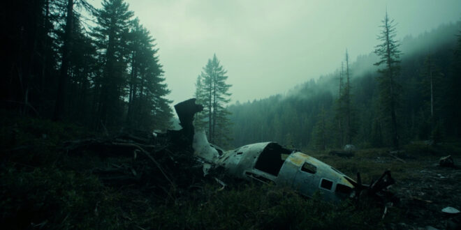 Small plane wreckage scattered among dense pine forest in mountainous wilderness terrain under gray overcast sky
