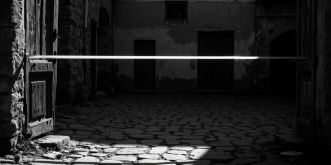 Weathered wooden door ajar, empty cobblestone courtyard, forensic tape across entrance, abandoned rural house exterior