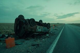 Overturned car on rural highway with debris scattered across asphalt under overcast sky