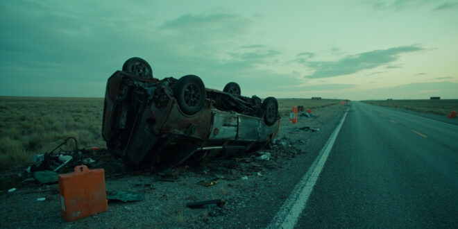 Overturned car on rural highway with debris scattered across asphalt under overcast sky