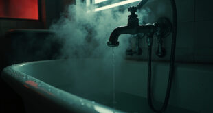 Overheated motel bathtub with steam rising from scalding water, chrome fixtures dripping with condensation