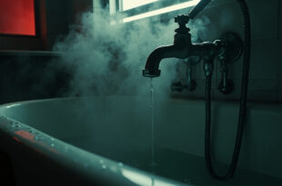 Overheated motel bathtub with steam rising from scalding water, chrome fixtures dripping with condensation