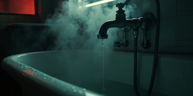 Overheated motel bathtub with steam rising from scalding water, chrome fixtures dripping with condensation