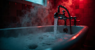 Empty bathtub with steam rising from scalding water, chrome faucet in sharp focus against dark tiles
