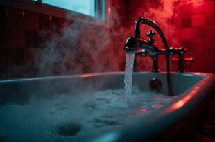 Empty bathtub with steam rising from scalding water, chrome faucet in sharp focus against dark tiles
