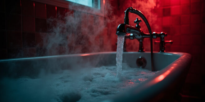 Empty bathtub with steam rising from scalding water, chrome faucet in sharp focus against dark tiles