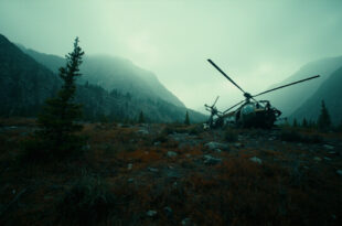 Helicopter wreckage in remote Montana mountain terrain under overcast sky