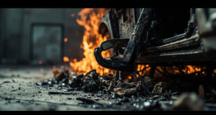 Damaged car door mechanism with exposed cables and fire damage against dark background.