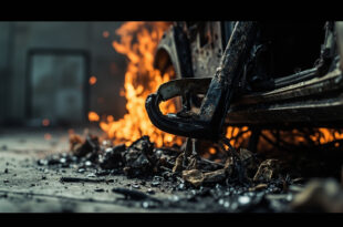 Damaged car door mechanism with exposed cables and fire damage against dark background.