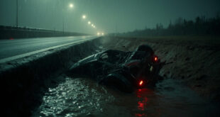 Overturned car wreckage lies in flooded roadside ditch after highway accident during heavy rainfall