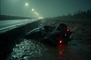 Overturned car wreckage lies in flooded roadside ditch after highway accident during heavy rainfall