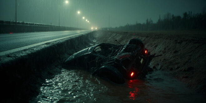 Overturned car wreckage lies in flooded roadside ditch after highway accident during heavy rainfall