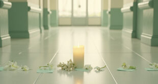 White memorial candle burning softly surrounded by prayer cards in quiet hospital setting