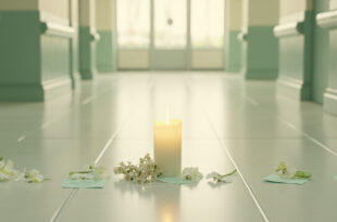 White memorial candle burning softly surrounded by prayer cards in quiet hospital setting
