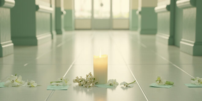 White memorial candle burning softly surrounded by prayer cards in quiet hospital setting