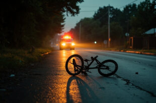 Child's bicycle lying on wet road near damaged tree, emergency vehicle lights glowing in background