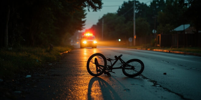Child's bicycle lying on wet road near damaged tree, emergency vehicle lights glowing in background