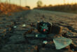 Damaged smartwatch lying on cracked road surface near tire marks and scattered vehicle parts in rural intersection