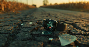 Damaged smartwatch lying on cracked road surface near tire marks and scattered vehicle parts in rural intersection