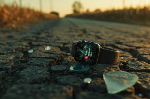 Damaged smartwatch lying on cracked road surface near tire marks and scattered vehicle parts in rural intersection