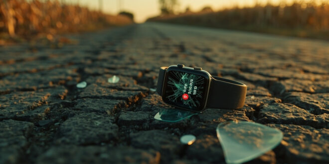 Damaged smartwatch lying on cracked road surface near tire marks and scattered vehicle parts in rural intersection