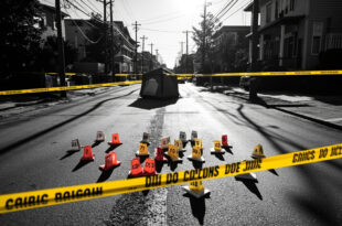 Yellow evidence markers and police tape cordoning off empty urban street in daylight