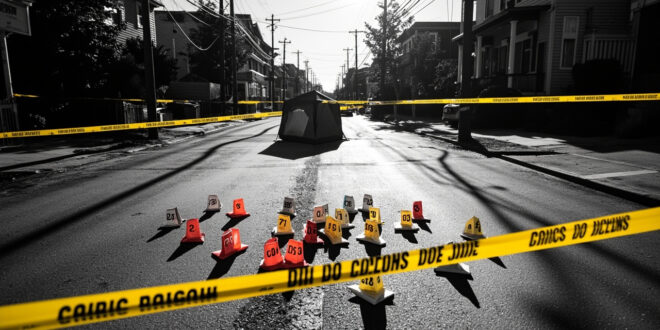 Yellow evidence markers and police tape cordoning off empty urban street in daylight