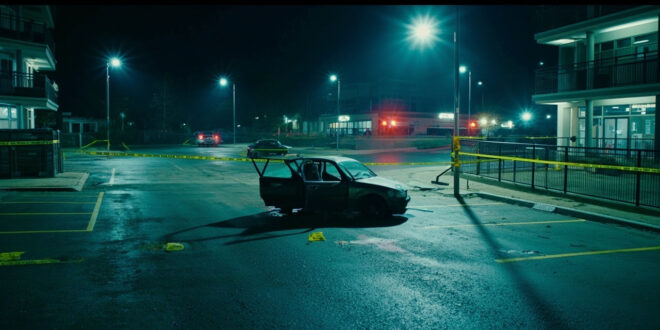 Police tape surrounds empty parking lot near daycare building with evidence markers on asphalt