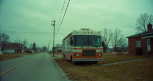 Large weathered Winnebago RV parked on residential street beside redbrick house under gray overcast sky