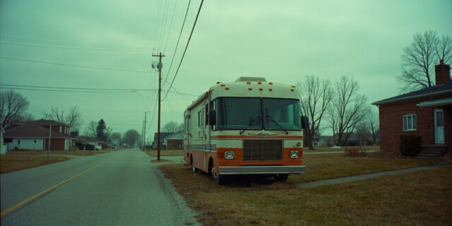 Large weathered Winnebago RV parked on residential street beside redbrick house under gray overcast sky