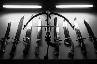 Crossbow and bladed weapons laid out on neutral surface under clinical lighting for evidence documentation