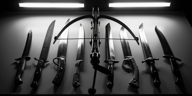 Crossbow and bladed weapons laid out on neutral surface under clinical lighting for evidence documentation