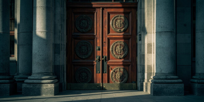 Closed heavy wooden courthouse doors with official seals and security locks in gray stone building