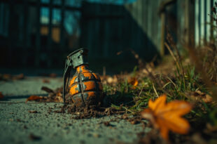 Weathered World War II hand grenade partially buried in grass and fallen leaves in residential yard setting
