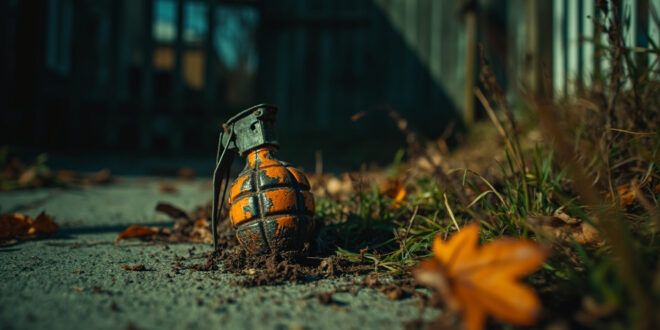 Weathered World War II hand grenade partially buried in grass and fallen leaves in residential yard setting