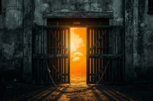 Heavy iron prison gate standing open with chain lock dangling, concrete walls visible in dramatic side lighting
