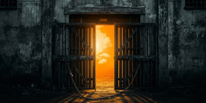 Heavy iron prison gate standing open with chain lock dangling, concrete walls visible in dramatic side lighting