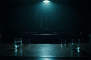 Empty chairs face each other across polished wooden table in formal government room with water glasses