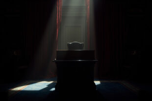 Empty leather chair behind wooden desk in formal chamber with burgundy curtains and dim lighting